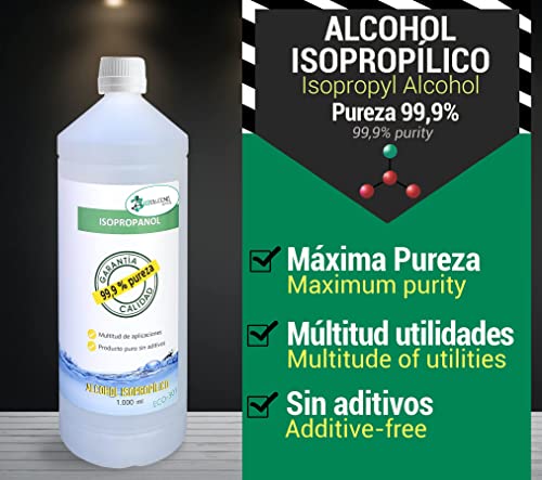 Ecosoluciones Químicas - 1 litro | Alcohol Isopropílico 99,9% Alta pureza IPA | Limpieza componentes electrónicos, Objetivos, Pantallas. Desengrasante. Desinfección y Limpieza Superficies