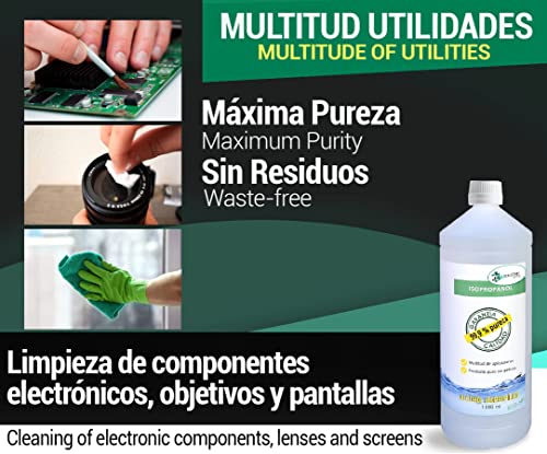 Ecosoluciones Químicas - 1 litro | Alcohol Isopropílico 99,9% Alta pureza IPA | Limpieza componentes electrónicos, Objetivos, Pantallas. Desengrasante. Desinfección y Limpieza Superficies