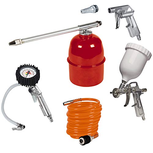 Einhell 5 uds. juego de herramientas neumáticas profesionales. Para compresores con una presión de mínimo 8 bar, pistola pulverizadora de pintura y de soplado, inflador de neumáticos, manguera de 4 m
