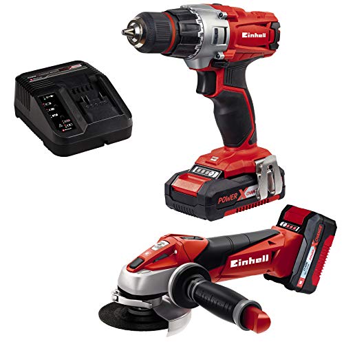 Einhell TE-TK 18 Li Kit (CD+AG) - Expert Kit de iniciación Power X Change con Taladro TE-CD 18/2 Li y Amoladora TE-AG 18 Li de 18V con 2 baterías de litio de 1,5 Ah y 3,0 Ah y cargador individual