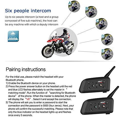 Ejeas V6 Pro 1200M Auriculares Intercomunicador Moto Inalambrico Bluetooth para Motocicletas, Impermeabilidad Intercomunicador Casco Moto, Comunicador Moto hasta 6 Jinetes (2 Paquetes)