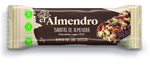 El Almendro, Barritas de Almendra y Chocolate Negro 70%, Barritas Energeticas, 4 porciones de 25 Gramos, 100 Gramos