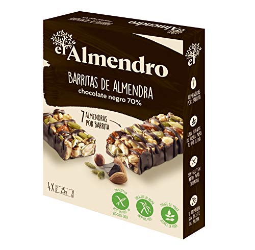 El Almendro, Barritas de Almendra y Chocolate Negro 70%, Barritas Energeticas, 4 porciones de 25 Gramos, 100 Gramos