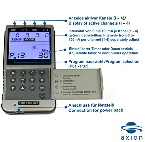 Electroestimulador TENS y electroestimulador muscular EMS stim-pro X9+ axion | EMS y TENS electroestimulador combinado con 4 canales y 8 electrodos tens ems