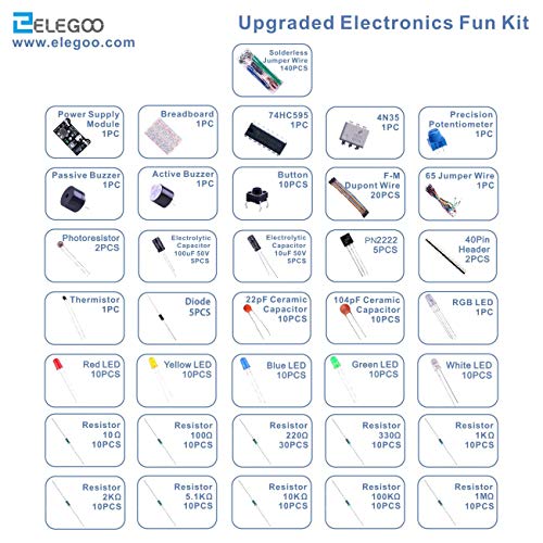 ELEGOO Kit Mejorado de Componentes Electrónicos con Módulo de Alimentación, Placa de Prototipos (Protoboard) de 830 Pines, Cables Puente, Potenciómetro, STM32, Raspberry Pi, Compatible con Arduino IDE