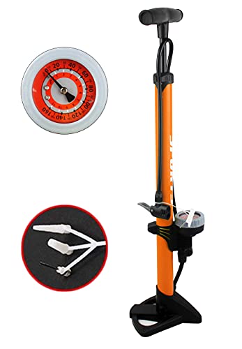 EM BIKE Bomba Inflador de Suelo Portátil con Manómetro Profesional para Válvulas Presta y Schrader Alta Presión (160 PSI/ 11 Bar) (Naranja o Azul)