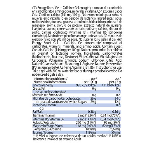 Energy Boost Gel Caffeine Cola. 42g x 24 geles. Energía rápida y duradera.Con Cafeína y Guaraná.
