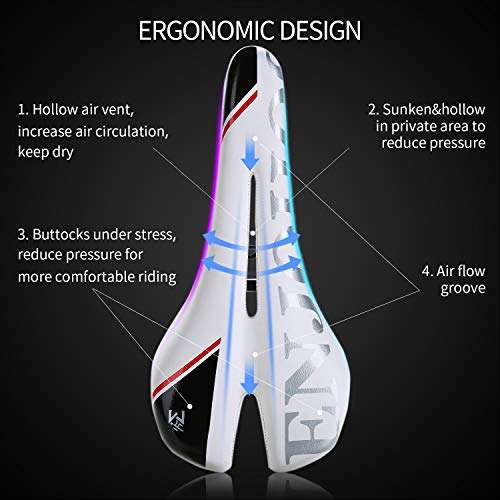 ENJOHOS Hombres Mujeres Silla de Bicicleta de Cuero Acolchada Silla de Bicicleta de montaña Profesional Silla de Montar de Bicicleta MTB Cojín de Bicicleta Bicicleta de Engranaje Fijo (Blanco)