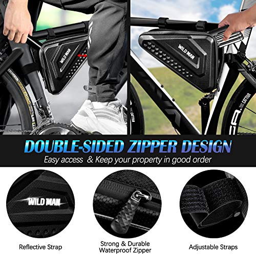 ENONEO Bolsa Triangular de Bicicleta Impermeable 3L Gran Capacidad Bolsa Bicicleta Montaña Con Cremallera Doble y Tira Reflectante Bolsa de Almacenamiento para Cuadro de Bicicleta, MTB Bicicleta Negro