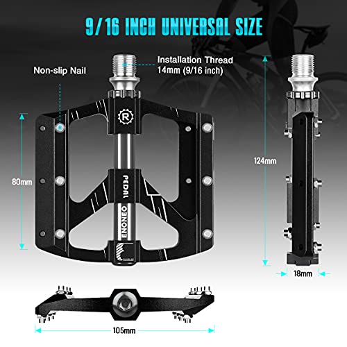 ENONEO Pedales Bicicleta Aluminio Antideslizante 9/16" Pedales Bici Montana con 3 Sealed Cojinetes y 114mm Ensanchado Superficie Pedales MTB Plataforma para BMX Bicicleta Carretera (Negro&Gris)