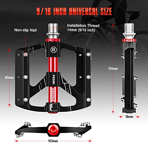 ENONEO Pedales Bicicleta Aluminio Antideslizante 9/16" Pedales Bici Montana con 3 Sealed Cojinetes y 114mm Ensanchado Superficie Pedales MTB Plataforma para BMX Bicicleta Carretera (Negro&Rojo)