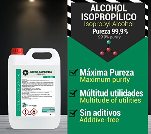 EQM Soluciones Químicas ECO-301 | 5 L | Alcohol Isopropílico 99,9% Puro | Limpieza componentes electrónicos, Objetivos, Pantallas. Desinfección y Limpieza Superficies. Incluye PULVERIZADOR 100 ML