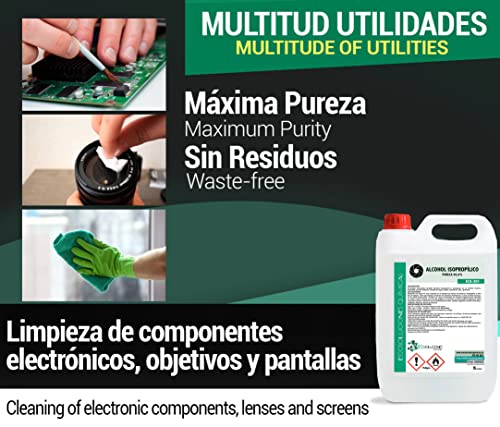 EQM Soluciones Químicas ECO-301 | 5 L | Alcohol Isopropílico 99,9% Puro | Limpieza componentes electrónicos, Objetivos, Pantallas. Desinfección y Limpieza Superficies. Incluye PULVERIZADOR 100 ML