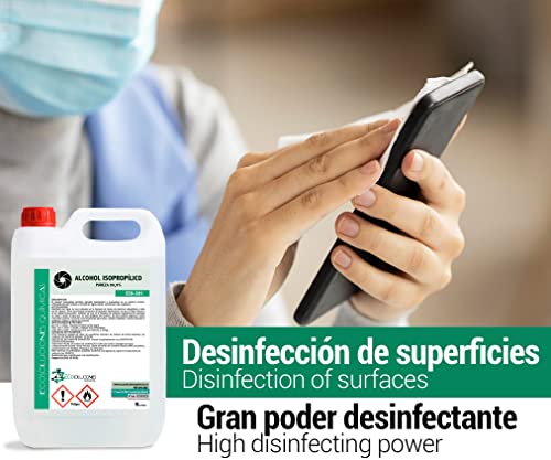 EQM Soluciones Químicas ECO-301 | 5 L | Alcohol Isopropílico 99,9% Puro | Limpieza componentes electrónicos, Objetivos, Pantallas. Desinfección y Limpieza Superficies. Incluye PULVERIZADOR 100 ML