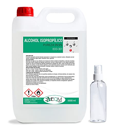 EQM Soluciones Químicas ECO-301 | 5 L | Alcohol Isopropílico 99,9% Puro | Limpieza componentes electrónicos, Objetivos, Pantallas. Desinfección y Limpieza Superficies. Incluye PULVERIZADOR 100 ML