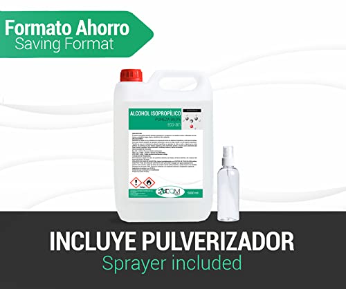 EQM Soluciones Químicas ECO-301 | 5 L | Alcohol Isopropílico 99,9% Puro | Limpieza componentes electrónicos, Objetivos, Pantallas. Desinfección y Limpieza Superficies. Incluye PULVERIZADOR 100 ML