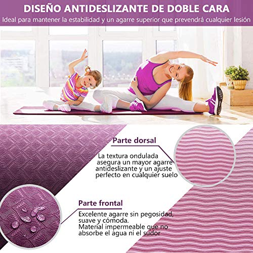 Esterilla Deporte Antideslizante Estera Yoga Colchonetas Pilates Mat Fitness Ecológica TPE para Entrenamiento de Gimnasia 183x61cm, con Correa Y 2 Bandas Elasticas