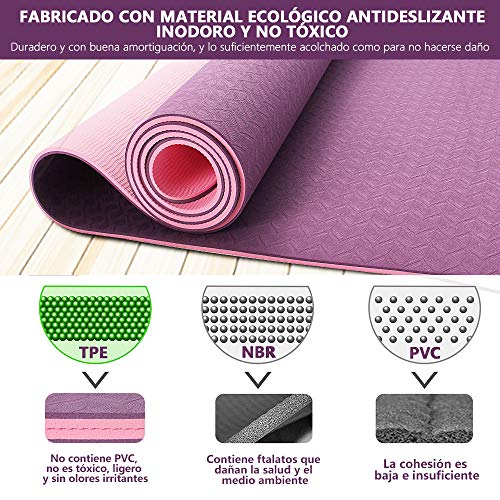 Esterilla Deporte Antideslizante Estera Yoga Colchonetas Pilates Mat Fitness Ecológica TPE para Entrenamiento de Gimnasia 183x61cm, con Correa Y 2 Bandas Elasticas