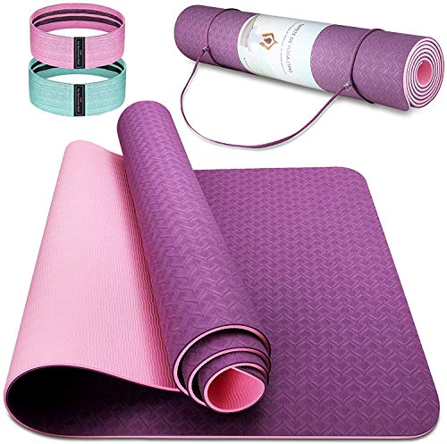 Esterilla Deporte Antideslizante Estera Yoga Colchonetas Pilates Mat Fitness Ecológica TPE para Entrenamiento de Gimnasia 183x61cm, con Correa Y 2 Bandas Elasticas