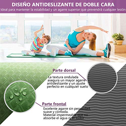 Esterilla Deporte Antideslizante Estera Yoga Colchonetas Pilates Mat Fitness Ecológica TPE para Entrenamiento de Gimnasia 183x61cm, con Correa Y 2 Bandas Elasticas