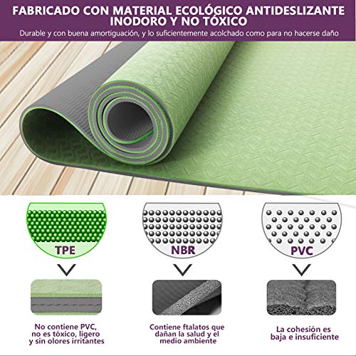 Esterilla Deporte Antideslizante Estera Yoga Colchonetas Pilates Mat Fitness Ecológica TPE para Entrenamiento de Gimnasia 183x61cm, con Correa Y 2 Bandas Elasticas