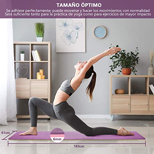 Esterilla Deporte Antideslizante Estera Yoga Colchonetas Pilates Mat Fitness Ecológica TPE para Entrenamiento de Gimnasia 183x61cm, con Correa Y 2 Bandas Elasticas