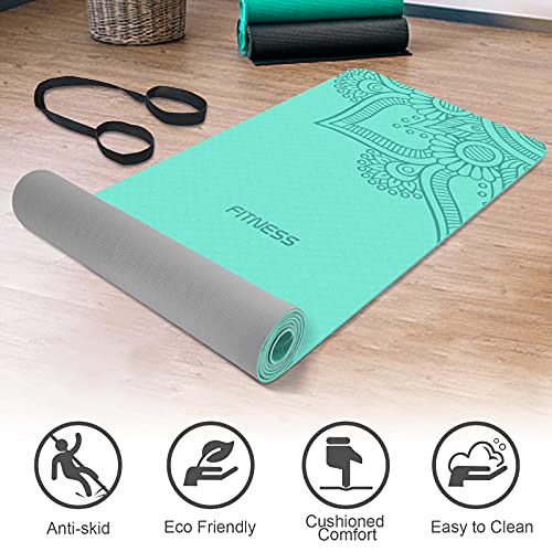 Esterilla Yoga, TPE Antideslizante Colchoneta de Yoga para Entrenamiento en casa y Gimnasio Ejercicio, Esterilla Fitness para Yoga, Pilates, Deporte, 183mm x 61mm x 6mm (MINTGREY)