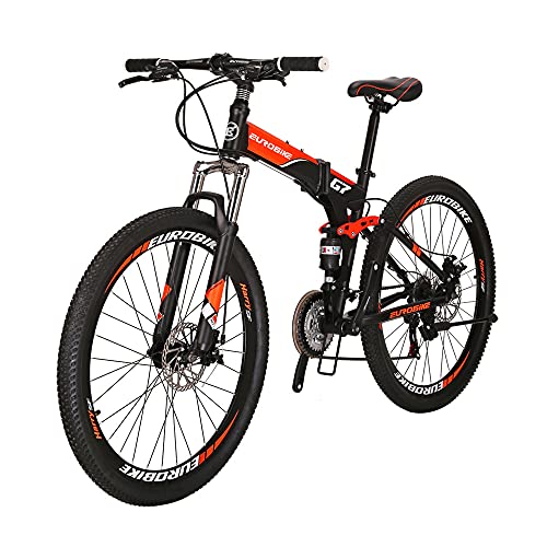 Eurobike Bicicleta de montaña plegable para adultos de 27.5 pulgadas para hombres 18 pulgadas marco de bicicleta de acero (rueda regular naranja)