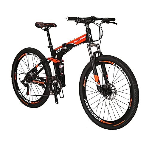 Eurobike Bicicleta de montaña plegable para adultos de 27.5 pulgadas para hombres 18 pulgadas marco de bicicleta de acero (rueda regular naranja)