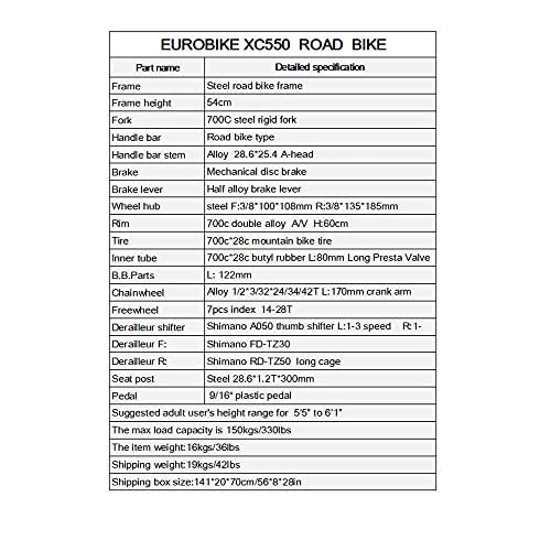 Eurobike Bicicletas adultas del camino de la bici del camino 700C para el hombre y la mujer (XC550 54-60m m)