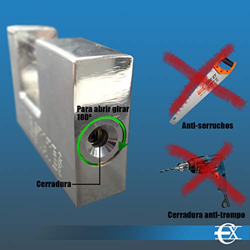 EUROXANTY® Candado Rectangular de Acero Inoxidable | Alta Resistencia | Anti-Corte | Acero Endurecido | Alta Seguridad | Llave Reversible | 90 MM