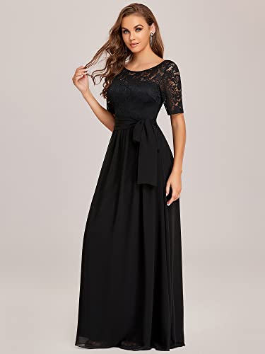 Ever-Pretty A-línea Encaje Talla Grande Vestido de Fiesta Cuello Redondo Largo para Mujer Negro 54