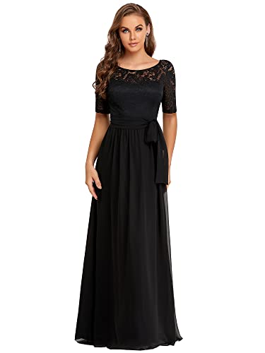 Ever-Pretty A-línea Encaje Talla Grande Vestido de Fiesta Cuello Redondo Largo para Mujer Negro 54