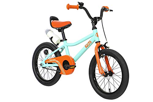 FabricBike Kids - Bicicleta con Pedales para niño y niña, Ruedines de Entrenamiento Desmontables, Frenos, Ruedas 12 y 16 Pulgadas, 4 Colores (Aqua & Orange, 16": 3-7 Años (Estatura 96cm - 120cm))