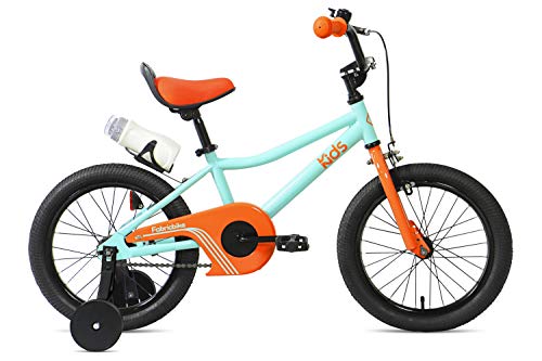FabricBike Kids - Bicicleta con Pedales para niño y niña, Ruedines de Entrenamiento Desmontables, Frenos, Ruedas 12 y 16 Pulgadas, 4 Colores (Aqua & Orange, 16": 3-7 Años (Estatura 96cm - 120cm))