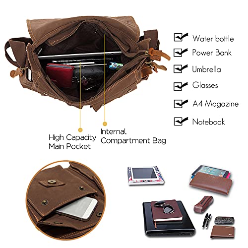 FANDARE Nuevo Bolso de Bandolera Lona Bolsa Mensajero Bolso de Hombro Bolsos Cruzados para 14 Pulgadas Laptop Maletín Hombre Mujer Crossbody Bag para Conmutar Trabajo Viaje Escuela Profesor Marrón