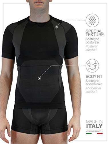 FarmaMed Ecodrytech Camiseta de Postura Hombre, Ropa Interior, Oficina, Deporte, Aire Libre, Fitness, Tecnologia Seamless, Dryarn, Polygiene, Oeko-Tex, 100% Made in Italy, Color Negro, Talla S-M