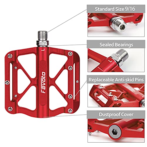 Favoto Pedales de Bicicleta Universal, Pedales Bicicleta Montaña de Aleación de Aluminio Antideslizante con Cojinetes Sellados, Rosca de 9/16" BMX MTB Bicicleta de Carretera Urbana Ciclismo, Rojo