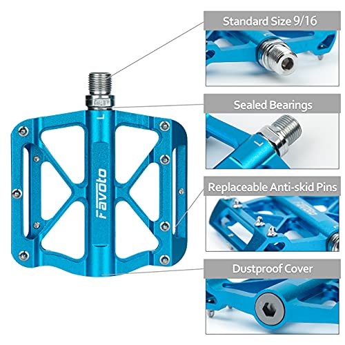 Favoto Pedales de Bicicleta Universal, Pedales Bicicleta Montaña de Aleación de Aluminio Antideslizante con Cojinetes Sellados, Rosca de 9/16" BMX MTB Bicicleta de Carretera Urbana Ciclismo, Azul