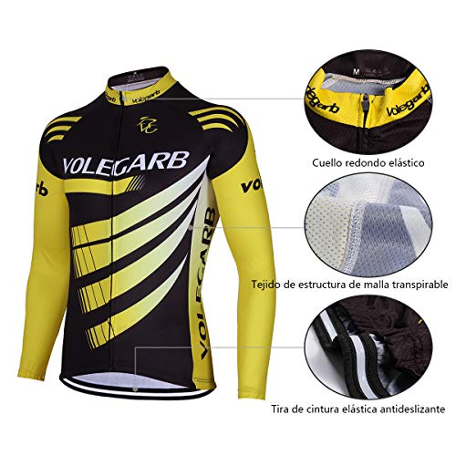 Feilaxleer Ropa Ciclismo Otoño/Invierno/Primavera para Hombre y Mujer - Ciclismo Maillot MTB de Manga Larga y Culotte Pantalones Acolchado 3D (Amarillo,L)