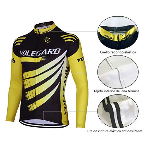 Feilaxleer Ropa Ciclismo Térmico Invierno para Hombre y Mujer - Ciclismo Maillot MTB de Manga Larga de Lana y Culotte Pantalones Acolchado 3D (Amarillo,L)