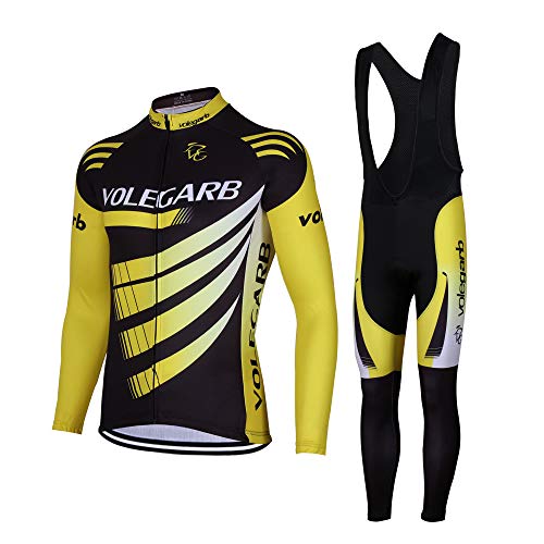 Feilaxleer Ropa Ciclismo Térmico Invierno para Hombre y Mujer - Ciclismo Maillot MTB de Manga Larga de Lana y Culotte Pantalones Acolchado 3D (Amarillo,L)