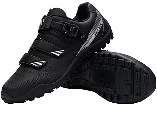 Fenlern Zapatillas de Ciclismo para Hombre Zapatos de MTB con Suela de Goma y Triple Tira de Ajustable de Correa (Negra,EU 42)