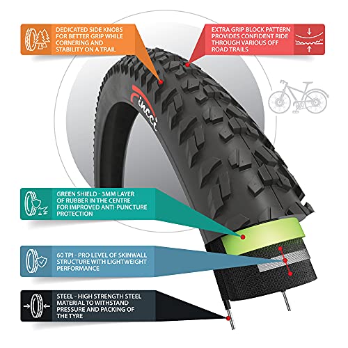 Fincci 26 x 1,95 Pulgadas 52-559 Cubierta con 3mm Anti Pinchazo 60TPI para MTB Montaña Hibrida Bici Bicicleta