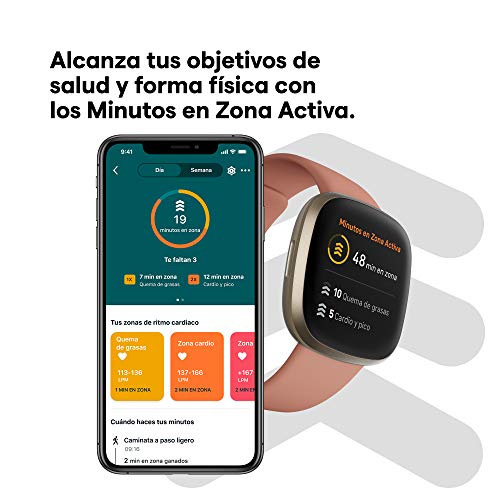Fitbit Versa 3 - Smartwatch de salud y forma física con GPS integrado, análisis continuo de la frecuencia cardiaca, Alexa integrada y batería de +6 días, Rosa/Dorado