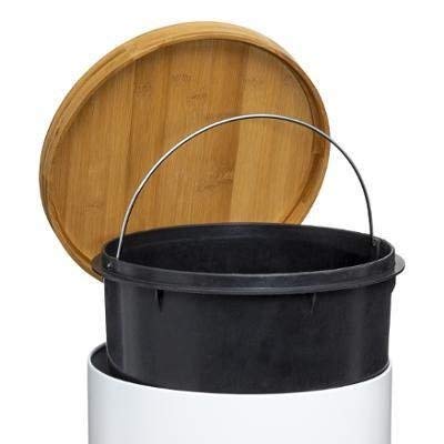 FIVE Papelera/cubo de basura/contenedor de residuos con pedal 30L blanco Natureo, Hierro/bambú, L.29 x P.36 x A.65 cm