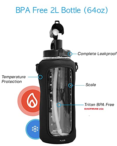 FLES Botella de agua de 64 onzas con pajita (negro). Pegatinas de marcador de tiempo para seguir los tiempos para beber. Botella de 2 litros sin BPA y funda para teléfono con correa.