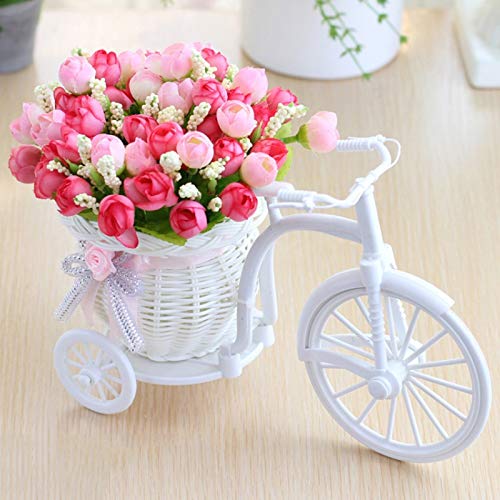 Flores artificiales 3pcs Flores Artificiales De Rose + Florero Bicicleta Conjunto Rota Con La Decoración De La Mesa Flores Falsas De Frutas Cerca De Madera Conjunto De La Flor De La Planta Verde Flore