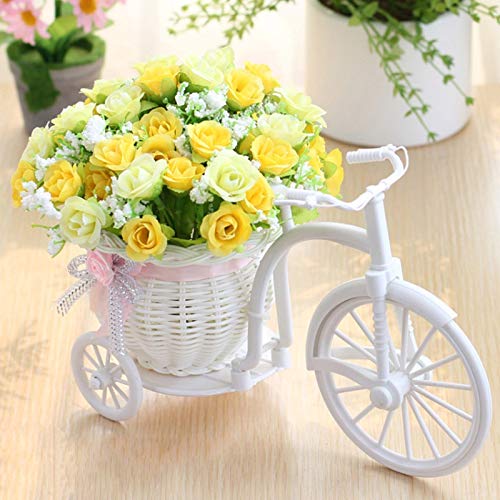 Flores artificiales 3pcs Flores Artificiales De Rose + Florero Bicicleta Conjunto Rota Con La Decoración De La Mesa Flores Falsas De Frutas Cerca De Madera Conjunto De La Flor De La Planta Verde Flore