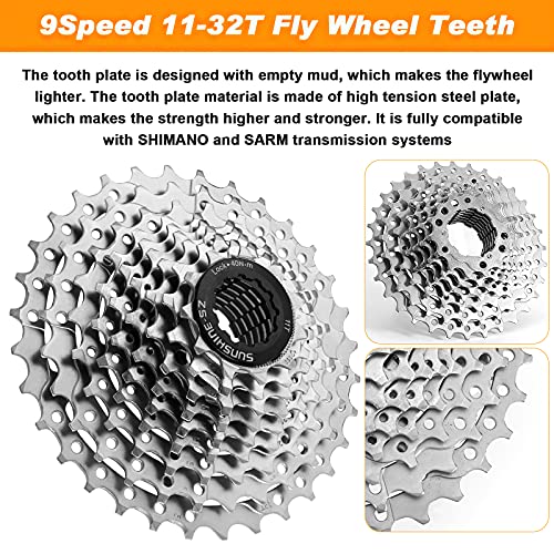 Fmlkic 9 Speed Cassette 11-32,Cassettes 9 Velocidad para Bicicletas y 3 Accesorios,Piñón del Bicycle Cassette del Volante Accesorios para Bicicleta de montaña, Bicicleta de Carretera